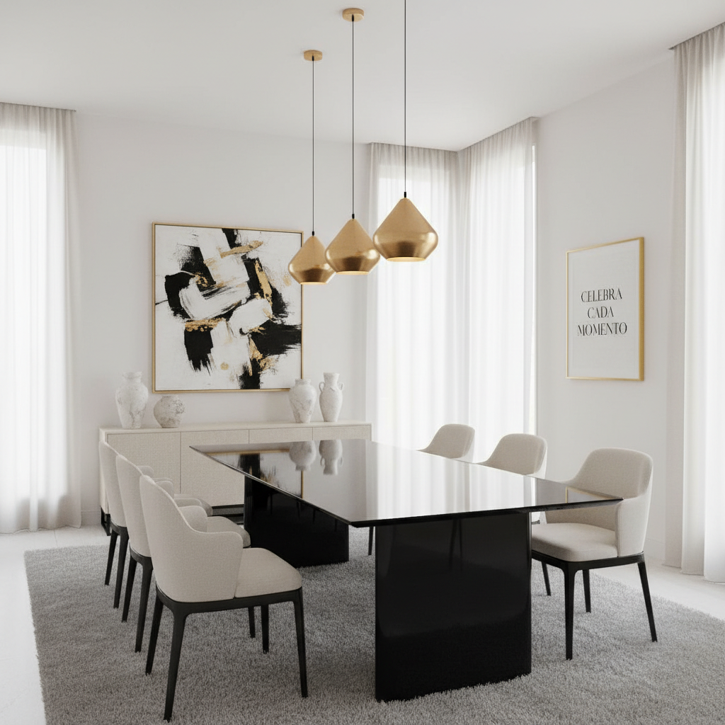 Comedor elegante con mesa negra y lámparas doradas modernas, decoración minimalista en tonos neutros.