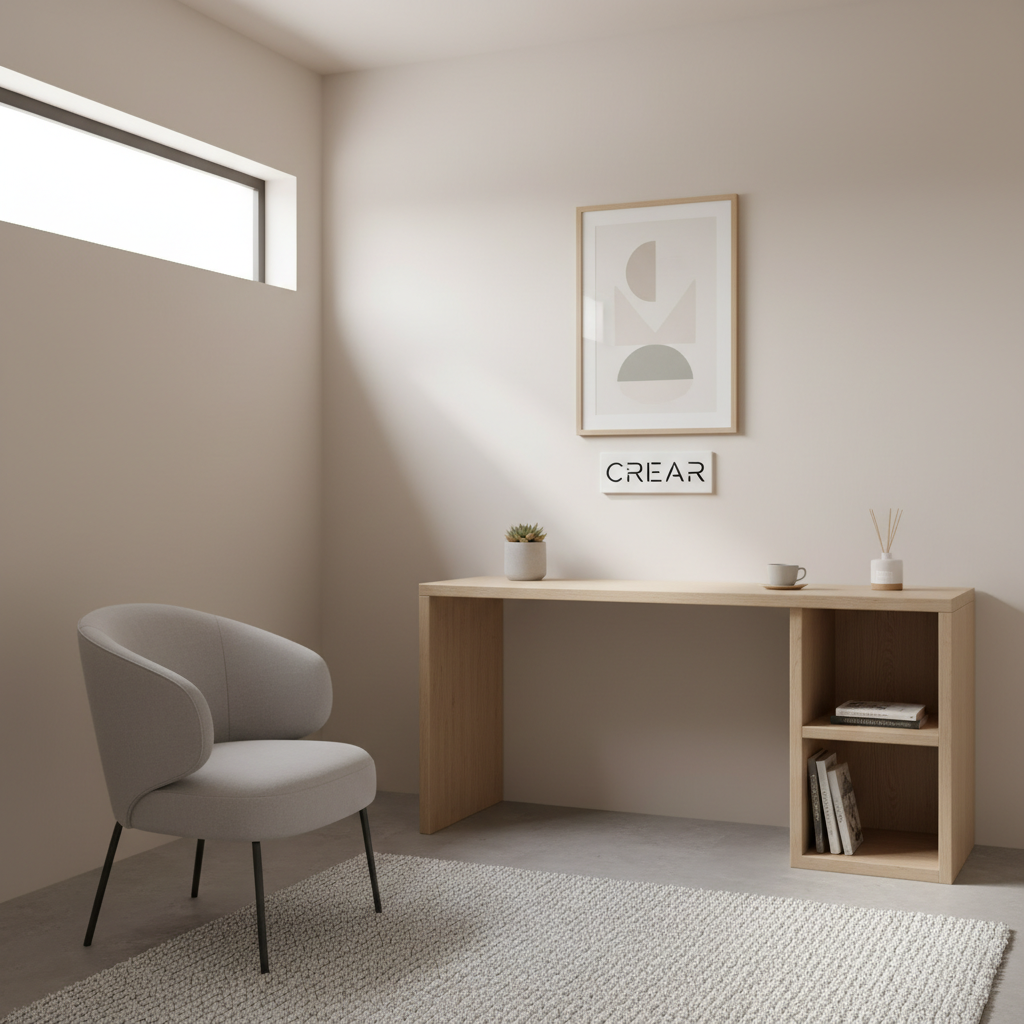 Estudio pequeño beige con escritorio de madera clara y luz natural.