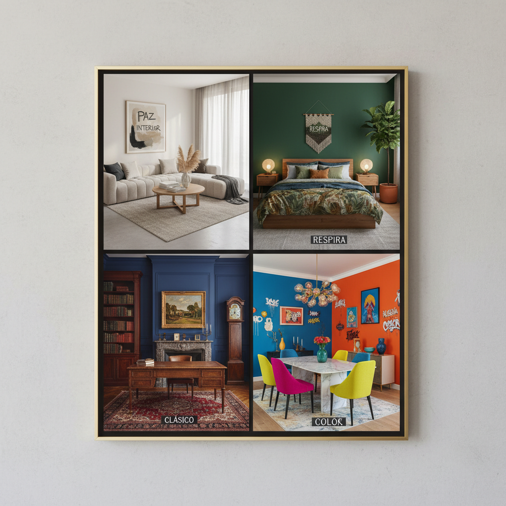 Collage de habitaciones con paletas de colores variadas modernas y decorativas.