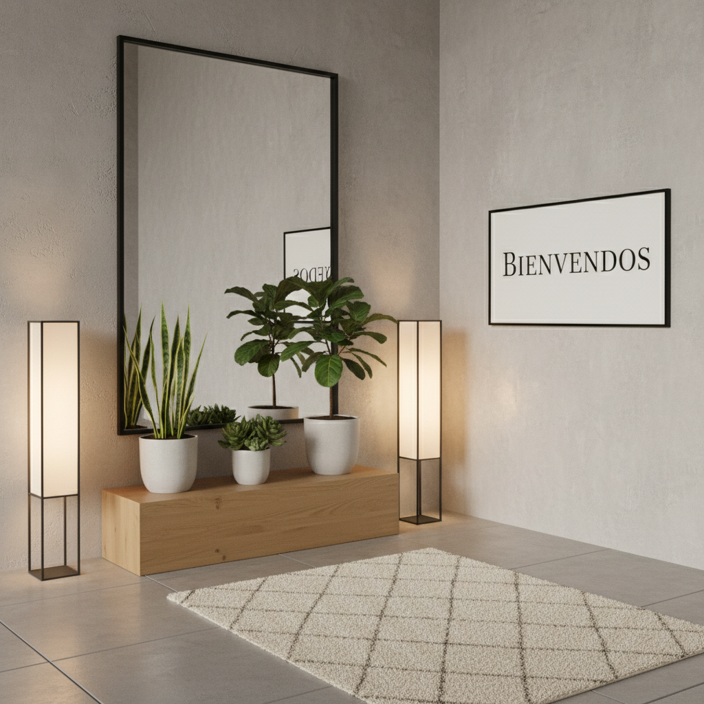 Recibidor moderno con espejo grande, mesa y plantas, estilo minimalista con iluminación cálida.