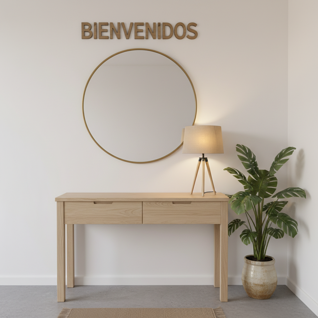 Entrada pequeña con espejo redondo, consola de madera clara, lámpara cálida y planta verde.