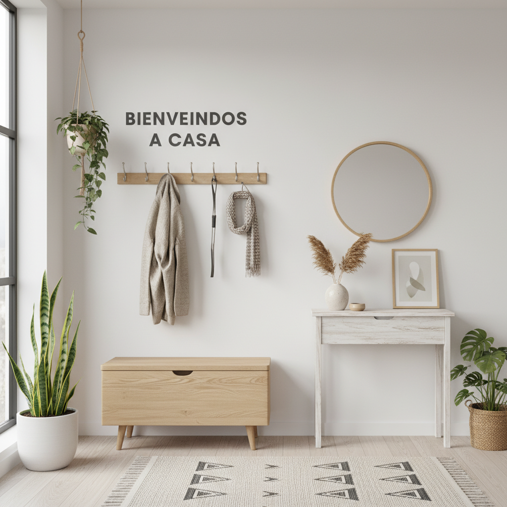 Recibidor pequeño y moderno con banco, perchero de pared y consola estrecha, estilo escandinavo.