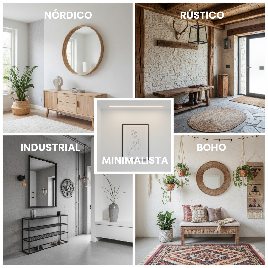 Collage of five entryways showcasing Nordic, rustic, industrial, boho, and minimalist styles.