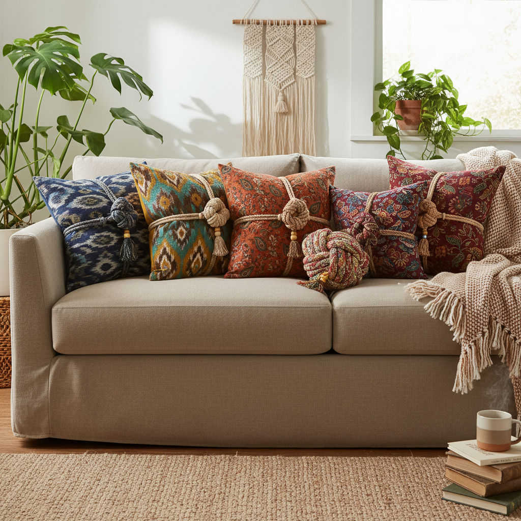Neutral sofa with colorful fabric-wrapped cushions in bohemian style cozy setting.