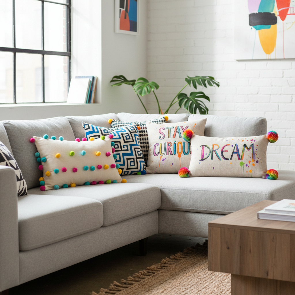 Cushions with colorful pom-poms, geometric patterns, and painted phrases in a modern youth setting.