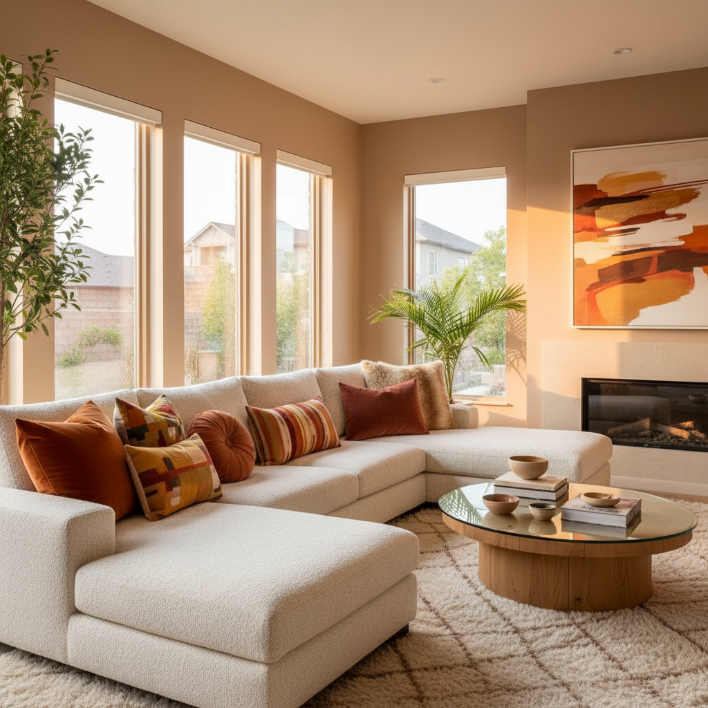 Modern living room with diverse cushions, warm colors, and mixed textures.