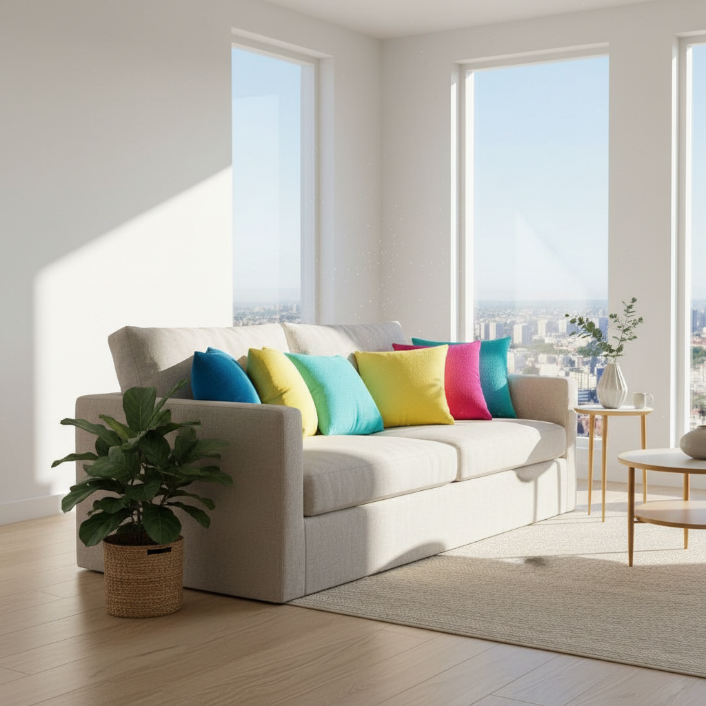 Cojines coloridos sobre un sillón en ambiente luminoso y limpio.