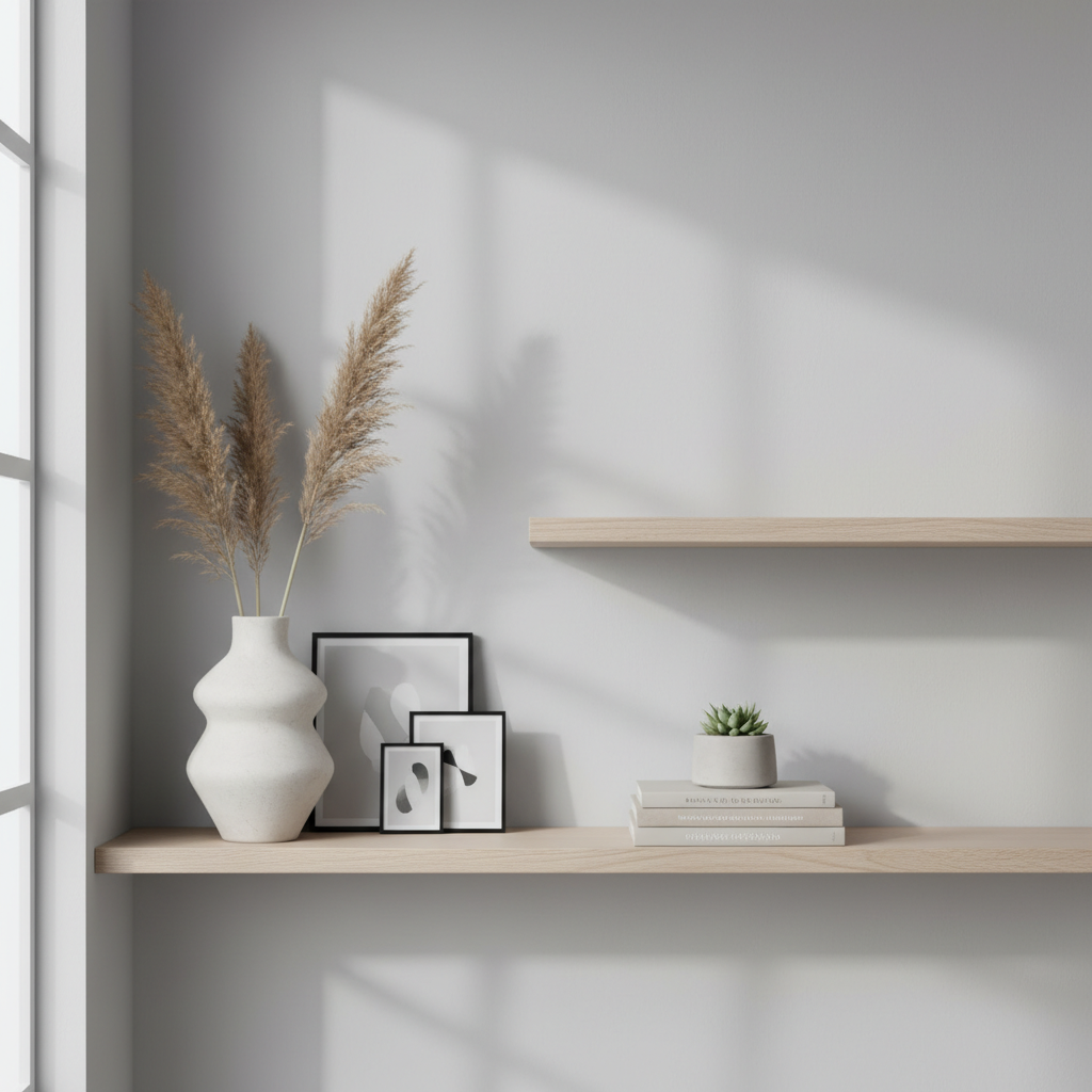 Estantería de madera clara con decoración equilibrada en estilo minimalista y moderno.