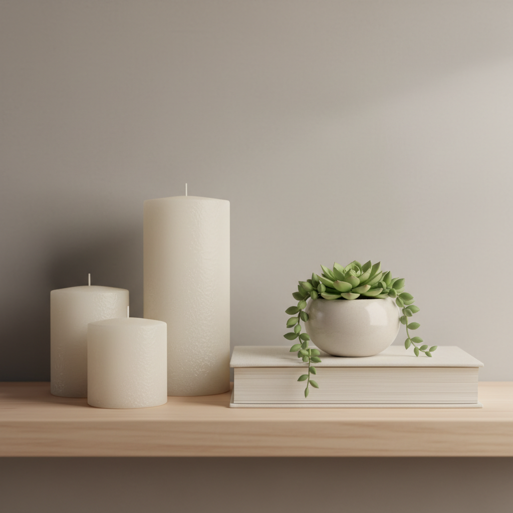 Agrupación decorativa en estantería con velas, libro y planta en estilo acogedor y moderno.