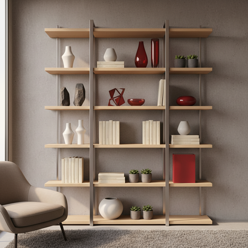Estantería contemporánea con objetos en diferentes alturas y colores neutros con toque rojo.