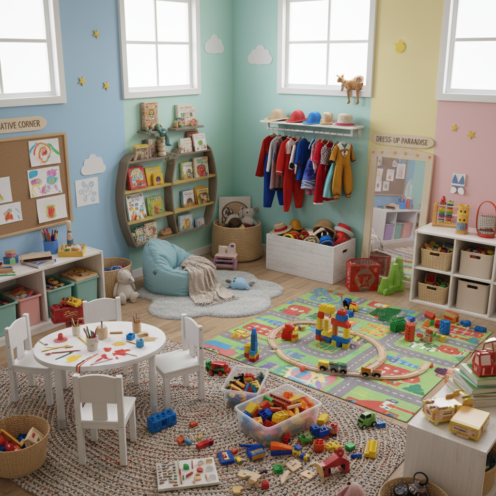 Habitación infantil con zonas de juego diferenciadas y juguetes organizados