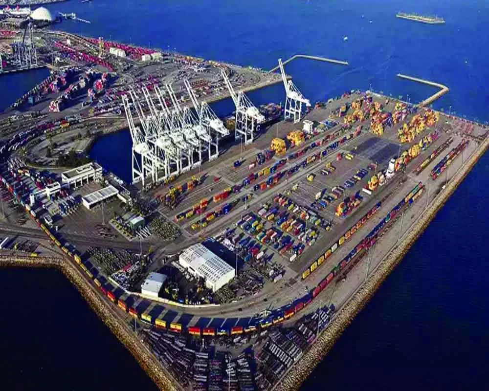 Aerial view of the container terminal and cargo handling facilities at Chabahar port illustrating its maritime and rail connectivity for regional trade