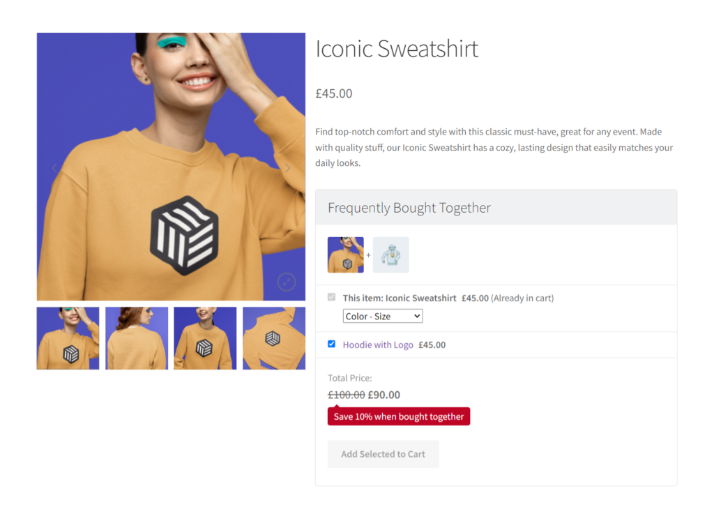 Example of a WooCommerce product page showcasing a sweatshirt with detailed product images, description, and a 'frequently bought together' section for cross-selling