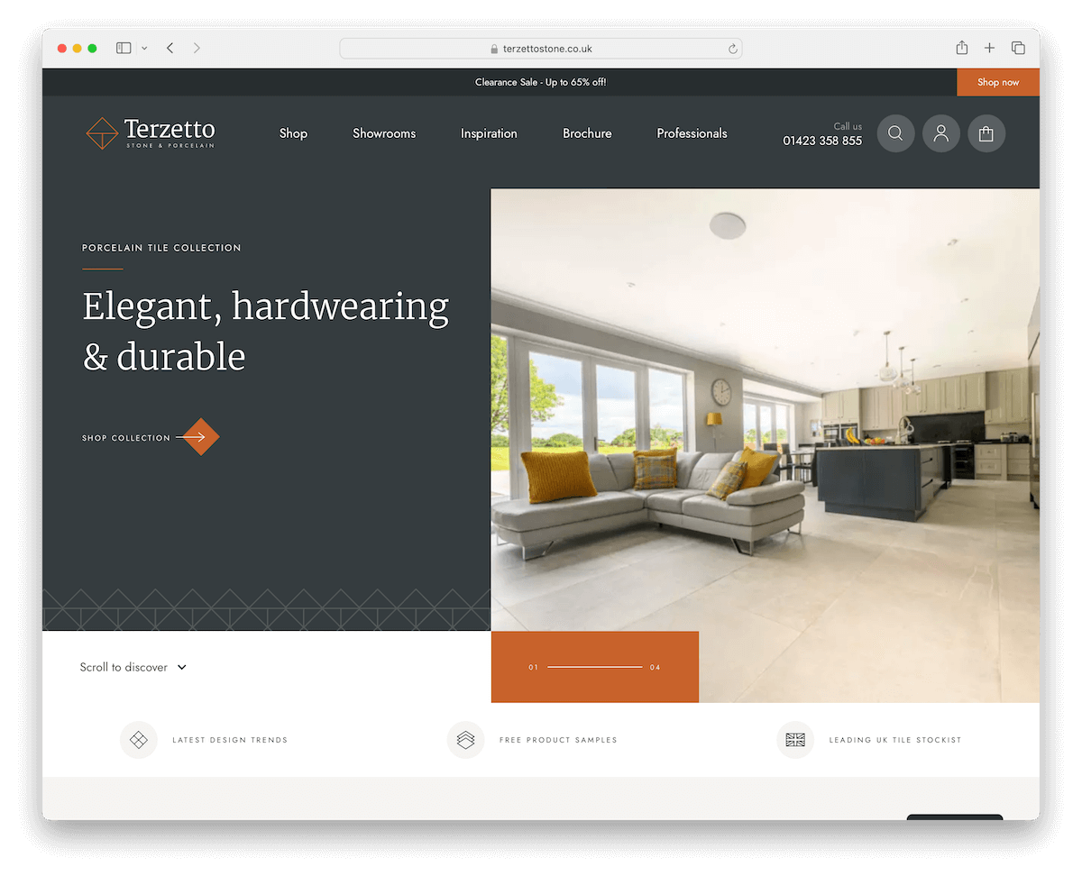 Screenshot of Terzetto's WooCommerce store homepage showcasing elegant porcelain tiles with a modern, clean website design