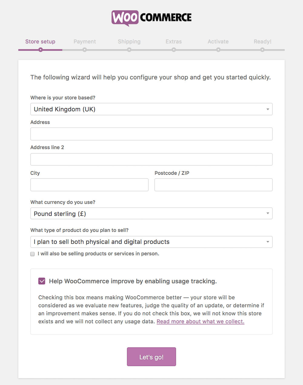 WooCommerce setup wizard interface guiding beginners through store configuration steps