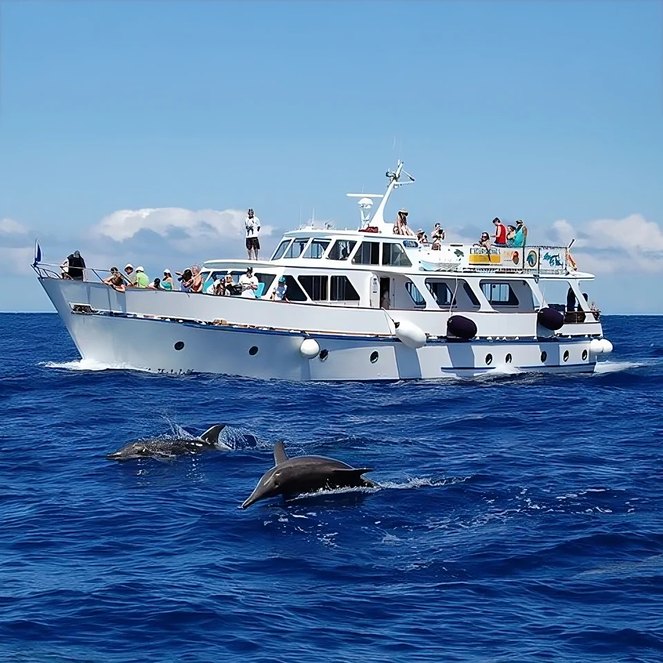 Tourists on a boat enjoying dolphin watching in the clear blue waters near La Gomera, Canary Islands, capturing a perfect family-friendly marine wildlife adventure