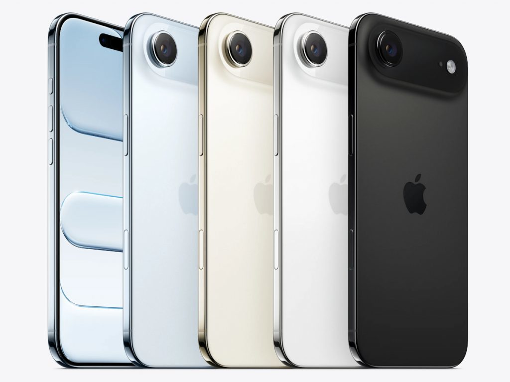 Various color options of the iPhone Air showing front display and back camera design with a single large lens and sleek finish