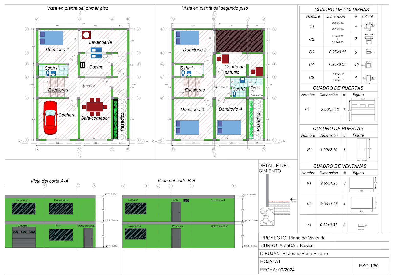Architectural Floor Plans And Building Sections Of A Two-Story Single-Family House Showing Room Layouts, Structural Details, And Construction Specifications