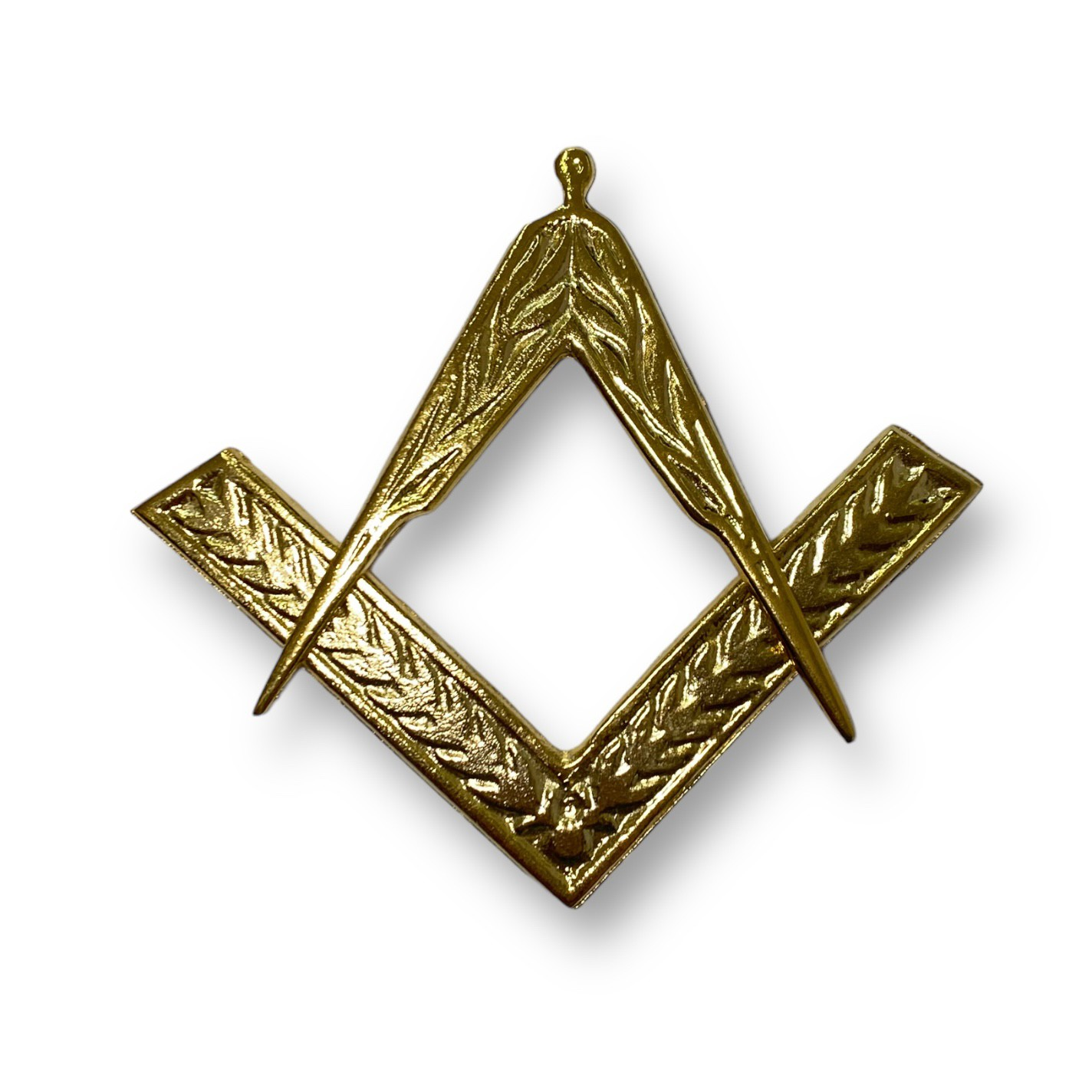 Golden Masonic square and compasses symbol with engraved details on a white background.