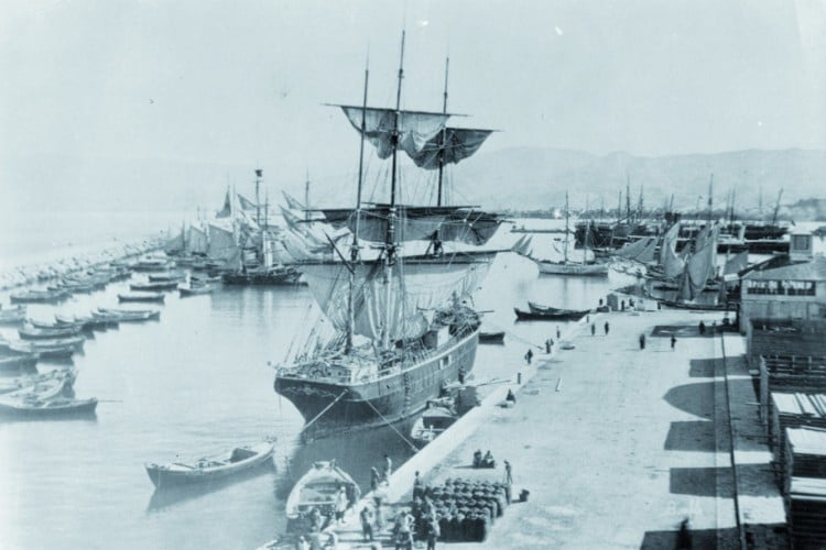 19th century port scene in Brazil showing ships and immigrants, relevant to Syrian-Lebanese immigration context.