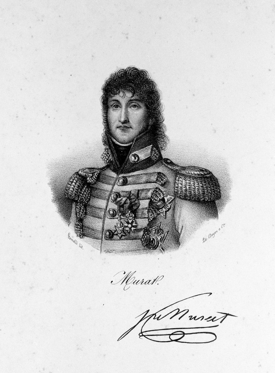 Engraved portrait of Joachim Murat, Marshal of France and King of Naples, highlighting his military attire and decorations.