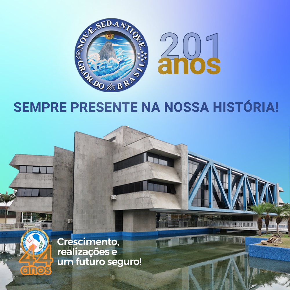 Grande Oriente do Brasil building celebrating 201 years of the Masonic organization's presence and history in Brazil.