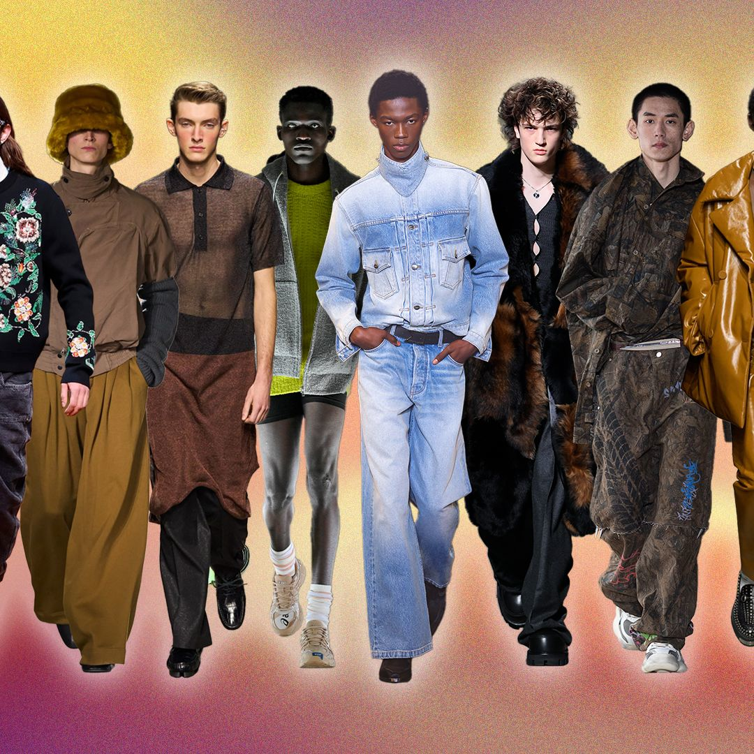 Diverse men's winter fashion trends showcasing layering, wool sweaters, and outerwear for Autumn/Winter 2024.