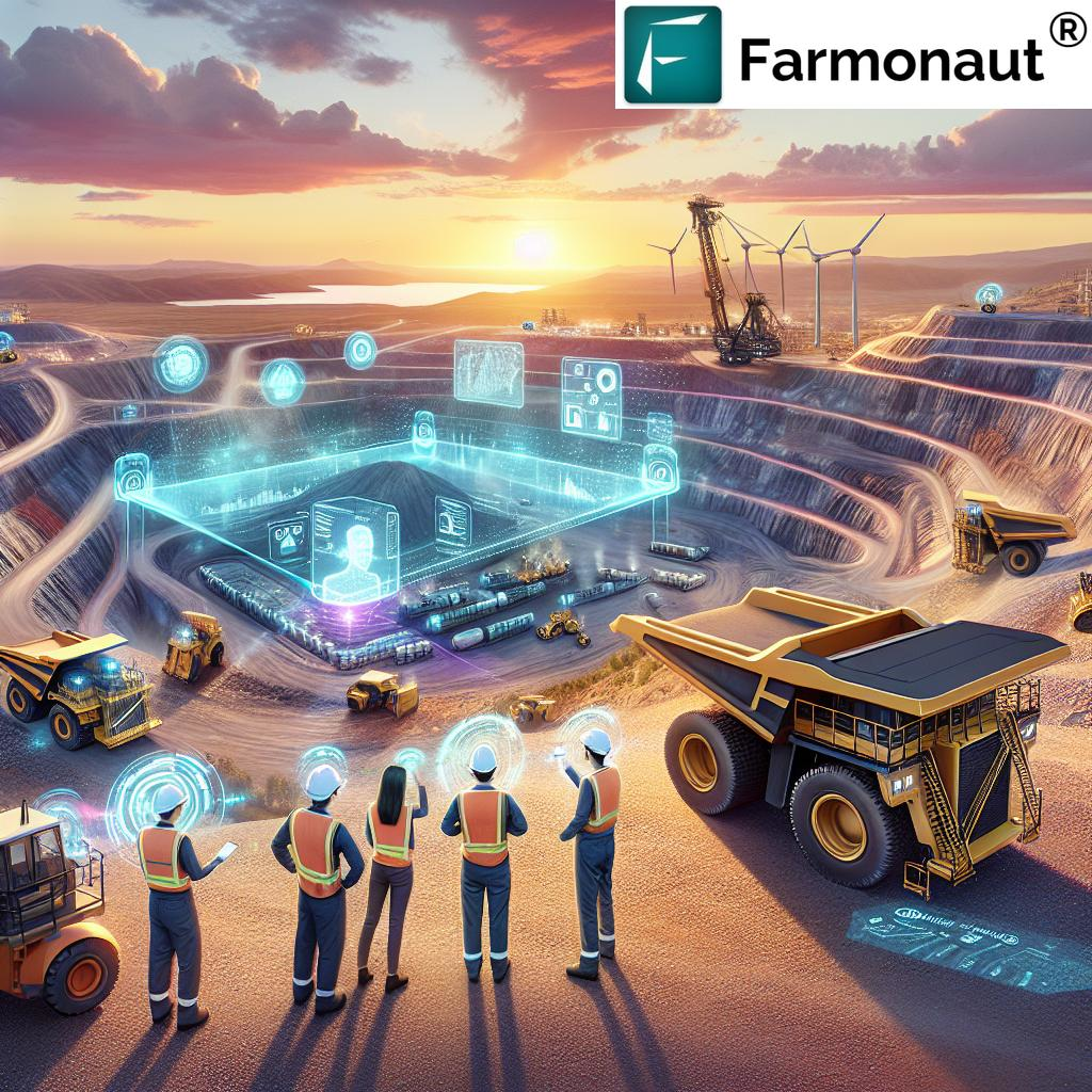 Futuristic mining operation featuring AI-driven predictive maintenance, digital twins, and autonomous equipment at sunset