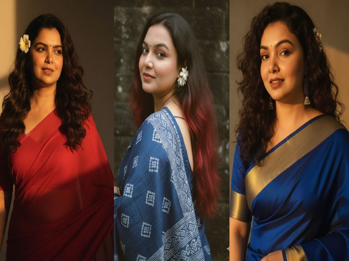 Women showcasing various saree styles in vibrant colors, possibly illustrating AI-enhanced fashion transformations in the Nano Banana AI saree trend