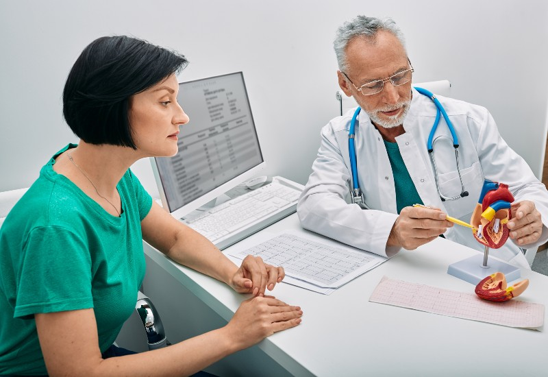 Cardiologist explaining heart anatomy and test results to a patient during consultation