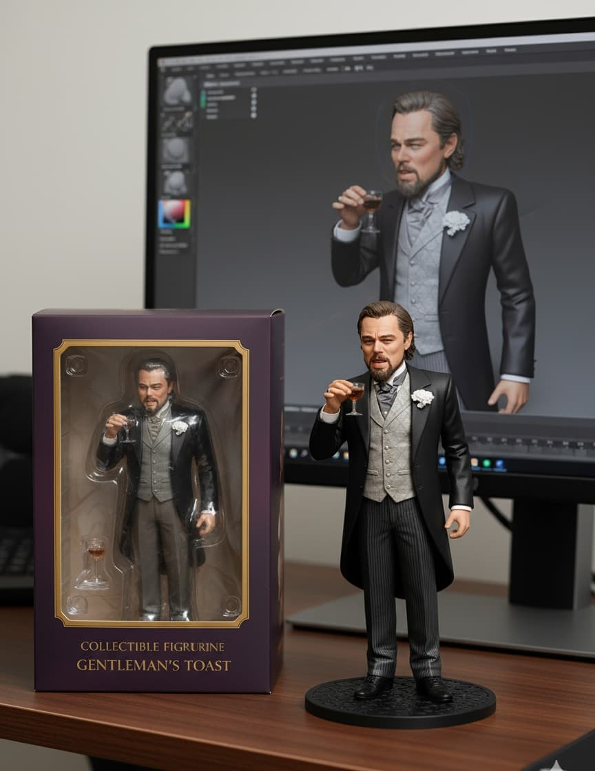 A collectible figurine "Gentleman's Toast" next to its digital 3D model displayed on a computer screen, demonstrating the bridge between digital design and physical production