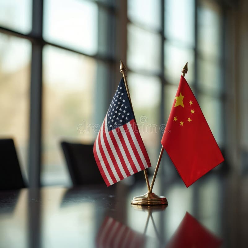 US and China table flags symbolize diplomacy and international relations in an office setting