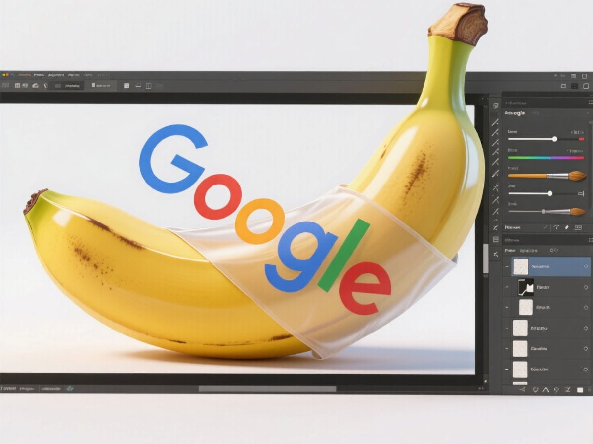 Screenshot of Google's photo editing interface showing a banana with the Google logo edited onto it using a transparent plastic film effect