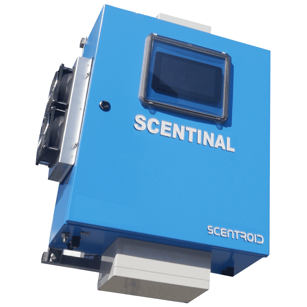 Blue Scentinal air quality odour monitoring sensor by Scentroid with display and cooling fans