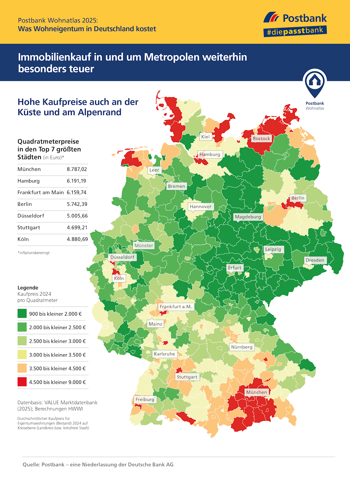 Karte Deutschlands mit farblicher Darstellung der Kaufpreise für Wohneigentum pro Quadratmeter 2024, mit Fokus auf teure Metropolregionen und Küstengebiete