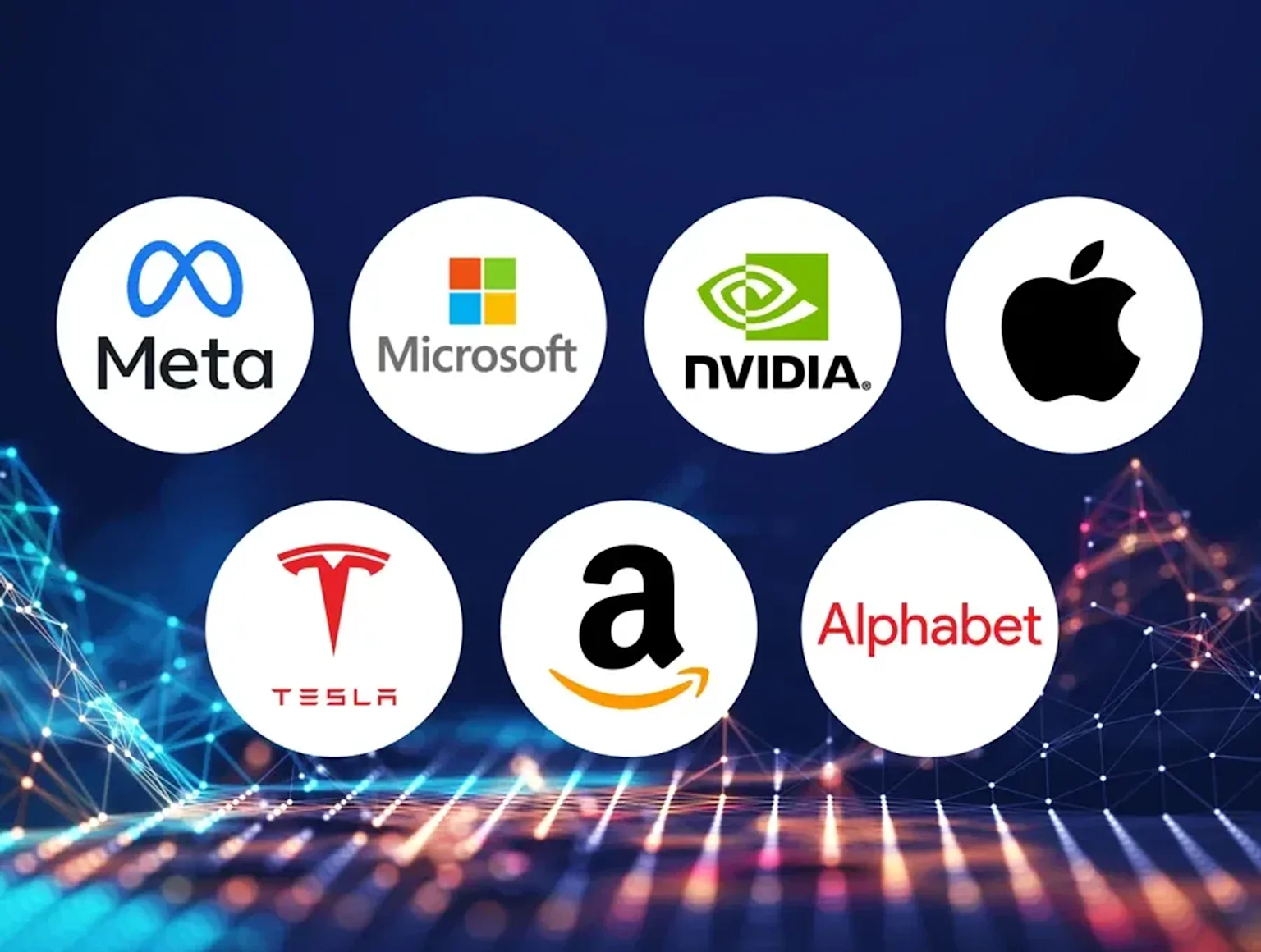 Logos of the MAG7 technology companies: Meta, Microsoft, Nvidia, Apple, Tesla, Amazon, and Alphabet