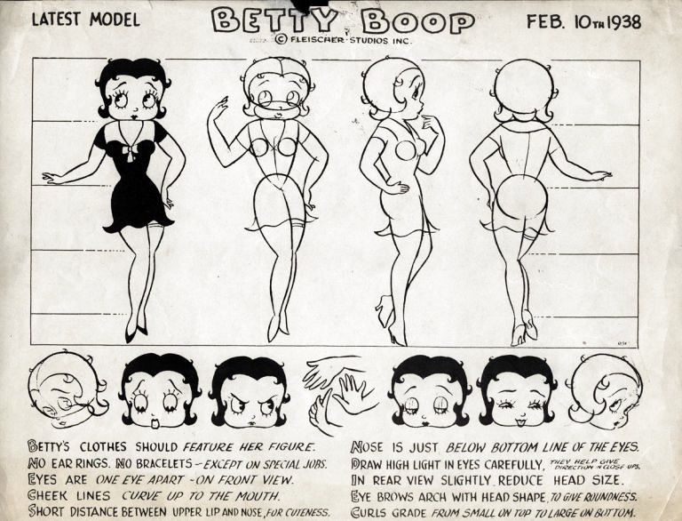 1938 Betty Boop character model sheet showing her design details and animated expressions by Fleischer Studios