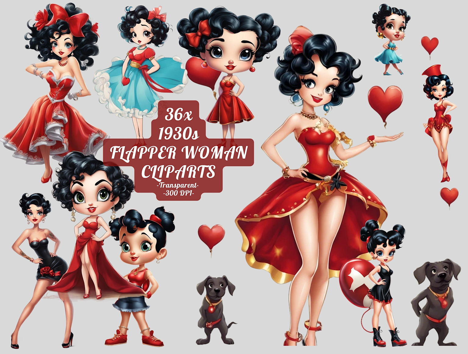 Collection of 1930s flapper woman cliparts inspired by Betty Boop's iconic style in vibrant red and playful poses