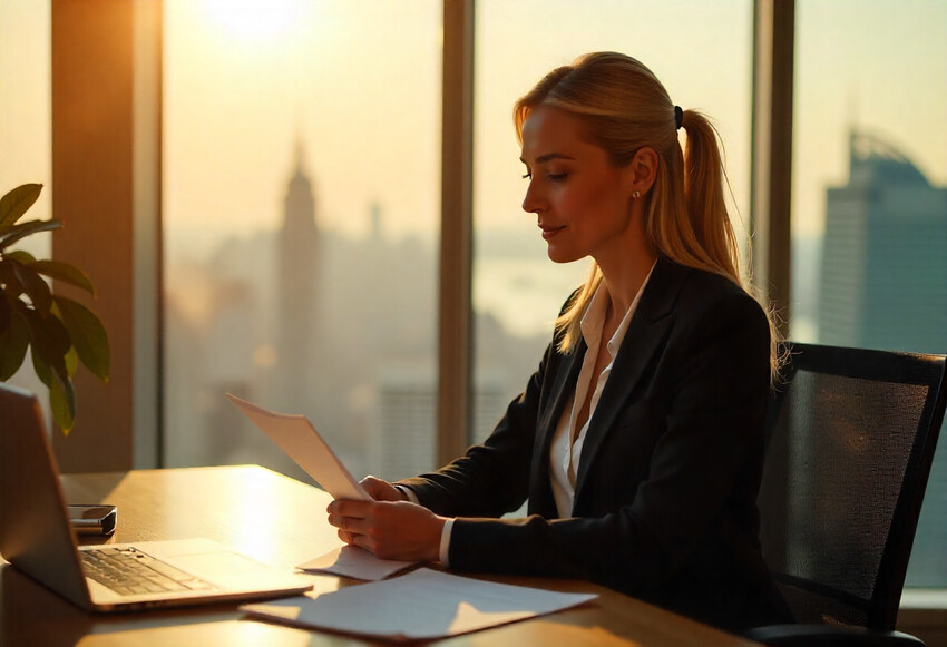 A professional advisor in a modern office reviewing documents during a luxury travel consultation meeting