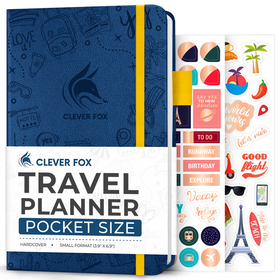 Clever Fox pocket-sized travel planner with travel-themed stickers for easy organization and planning on the go