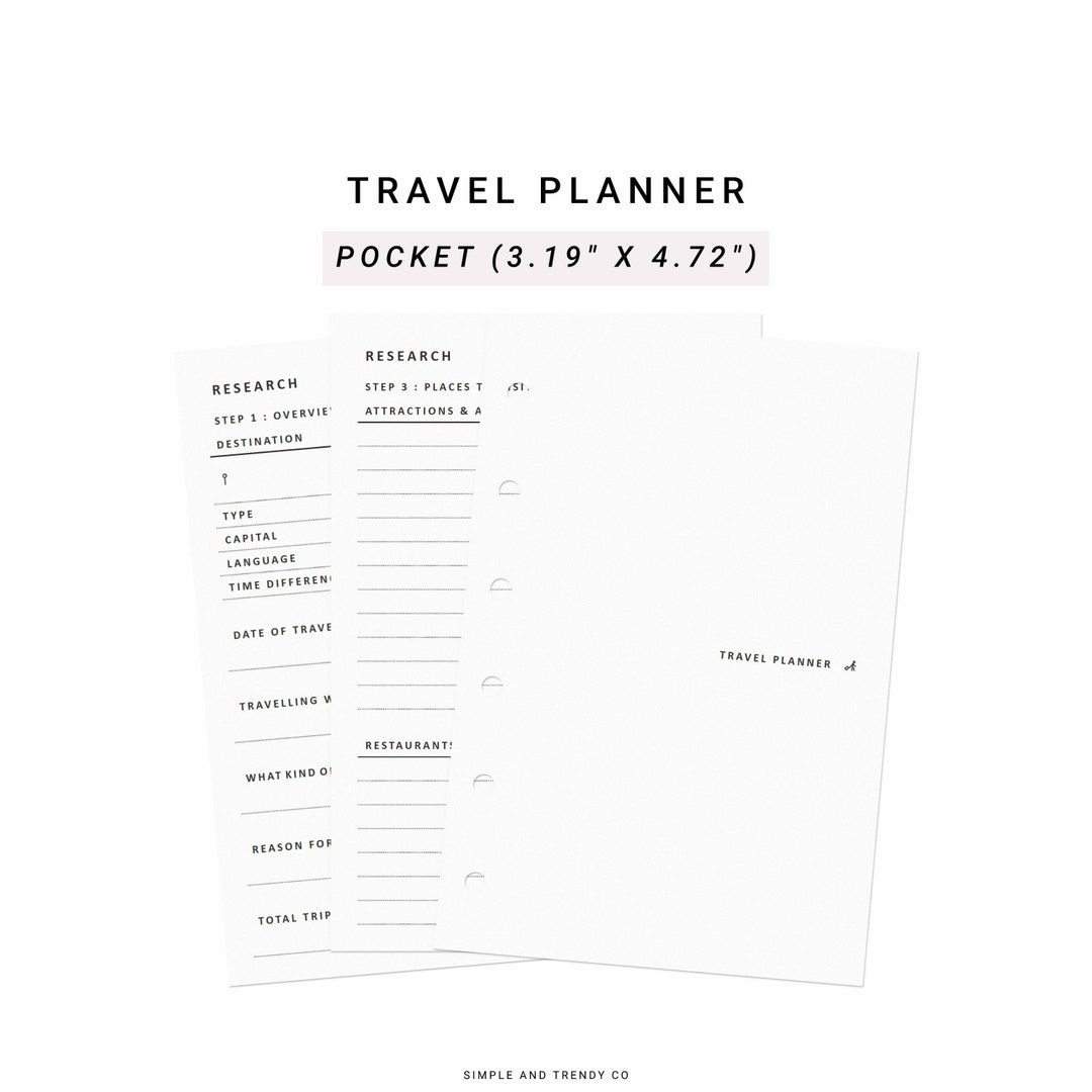 Minimalist pocket-sized travel planner with organized sections for research and trip details, measuring 3.19 by 4.72 inches