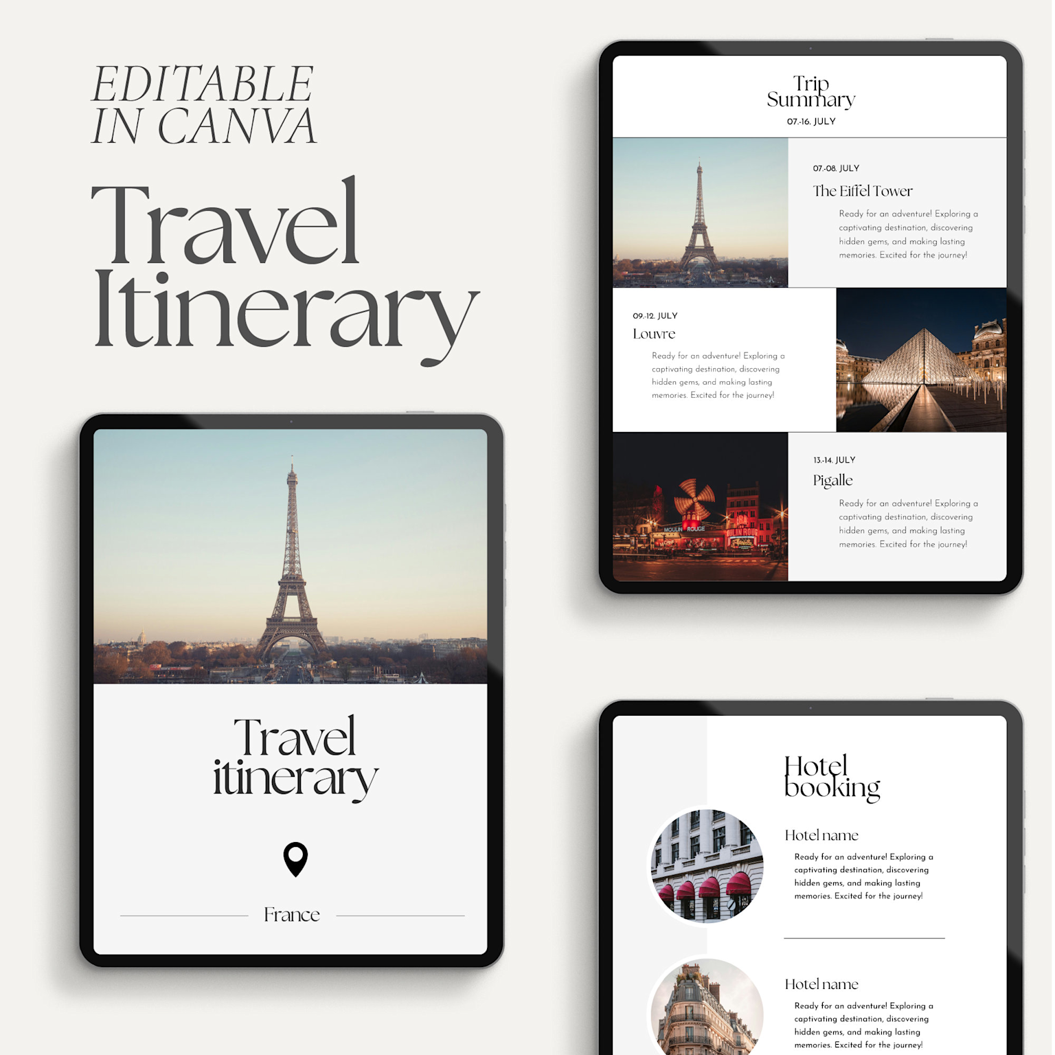 Editable Canva travel itinerary template featuring Paris landmarks and trip details