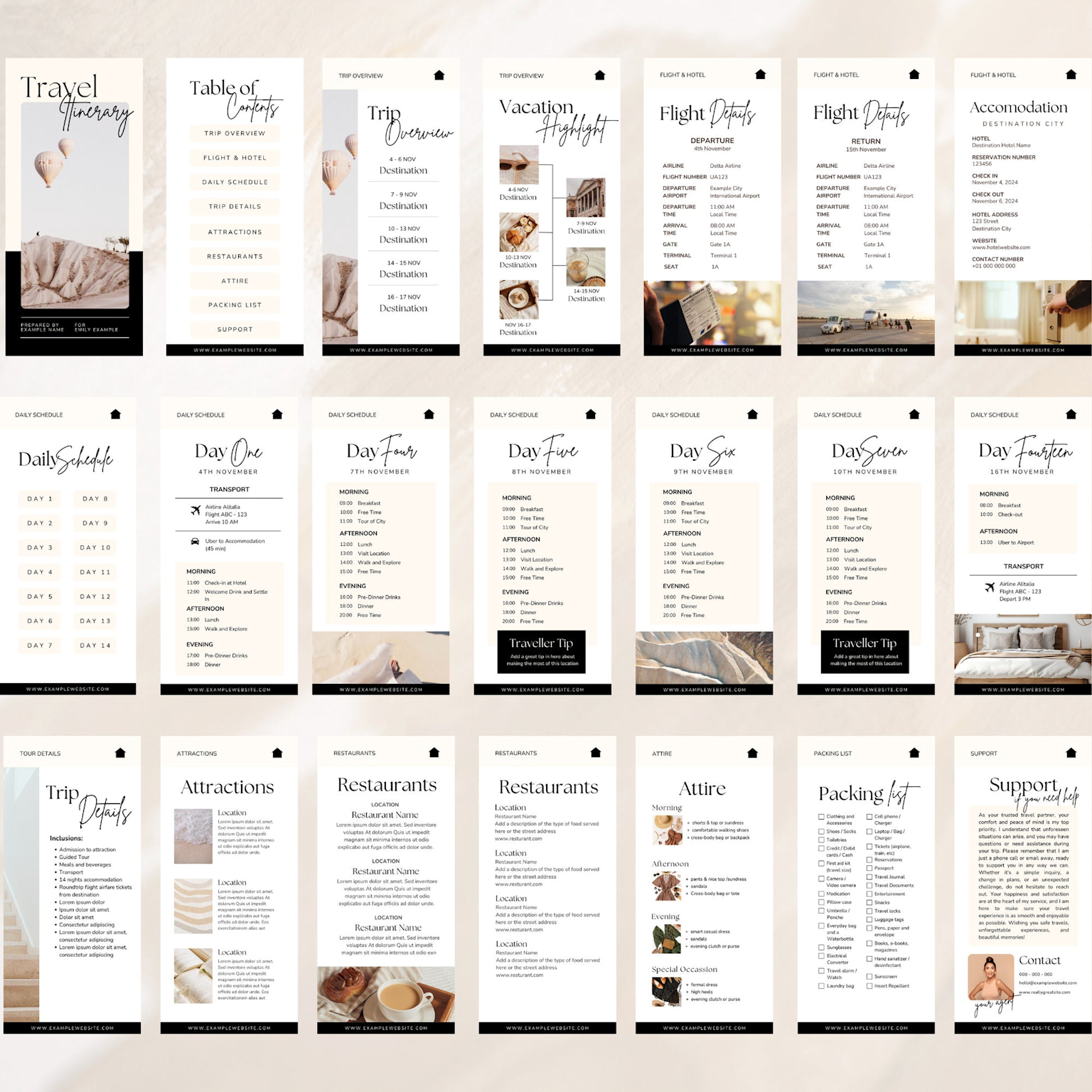 A detailed luxury travel itinerary template showcasing trip overview, flight and hotel details, daily schedules, attractions, restaurants, packing lists, and support information