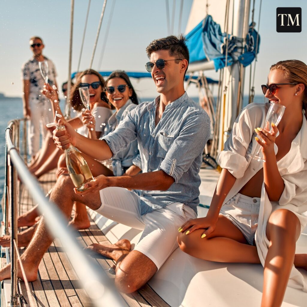 Group enjoying a luxury sailing experience with champagne celebration, illustrating personalized and high-end travel moments