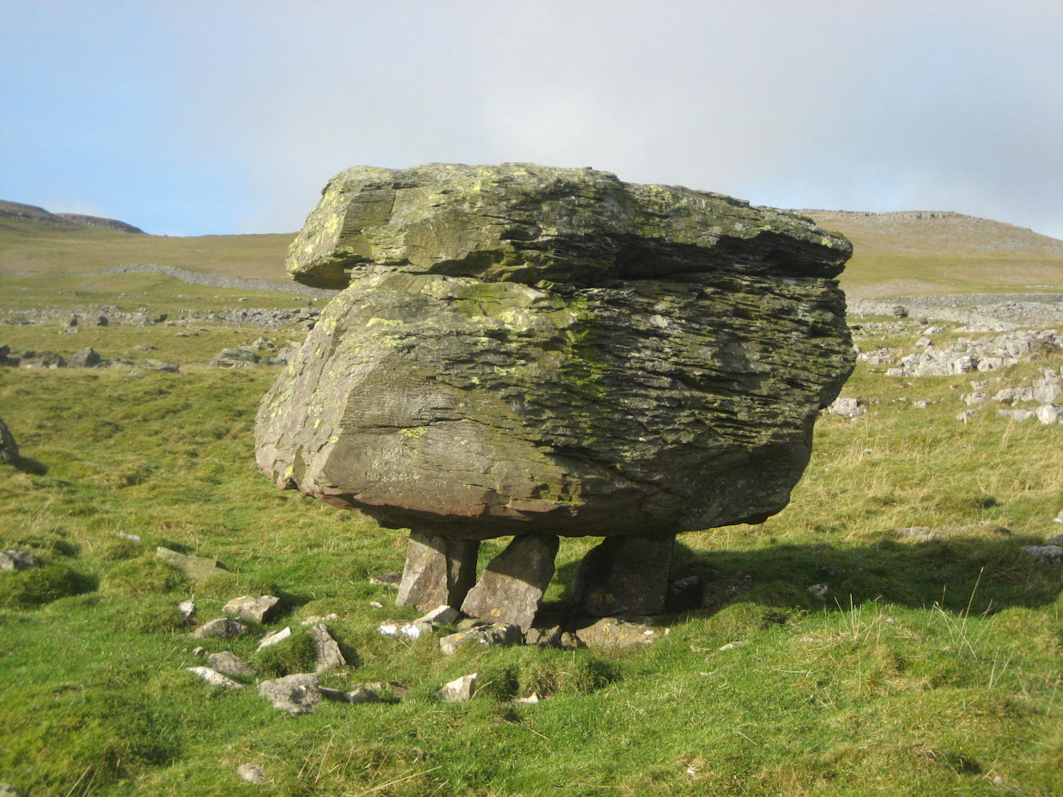 Glacial erratic boulder balanced on smaller stones in a natural grassy landscape