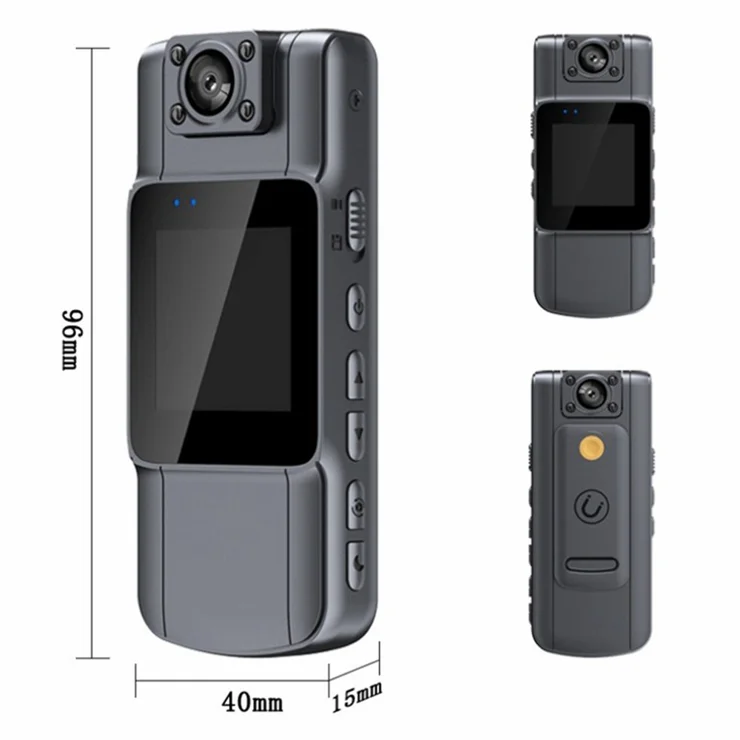 Multiple views of the L11 body camera showing dimensions, buttons, screen, and ports for user reference