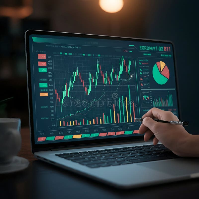 Laptop screen showing candlestick and volume charts used in stock market analysis