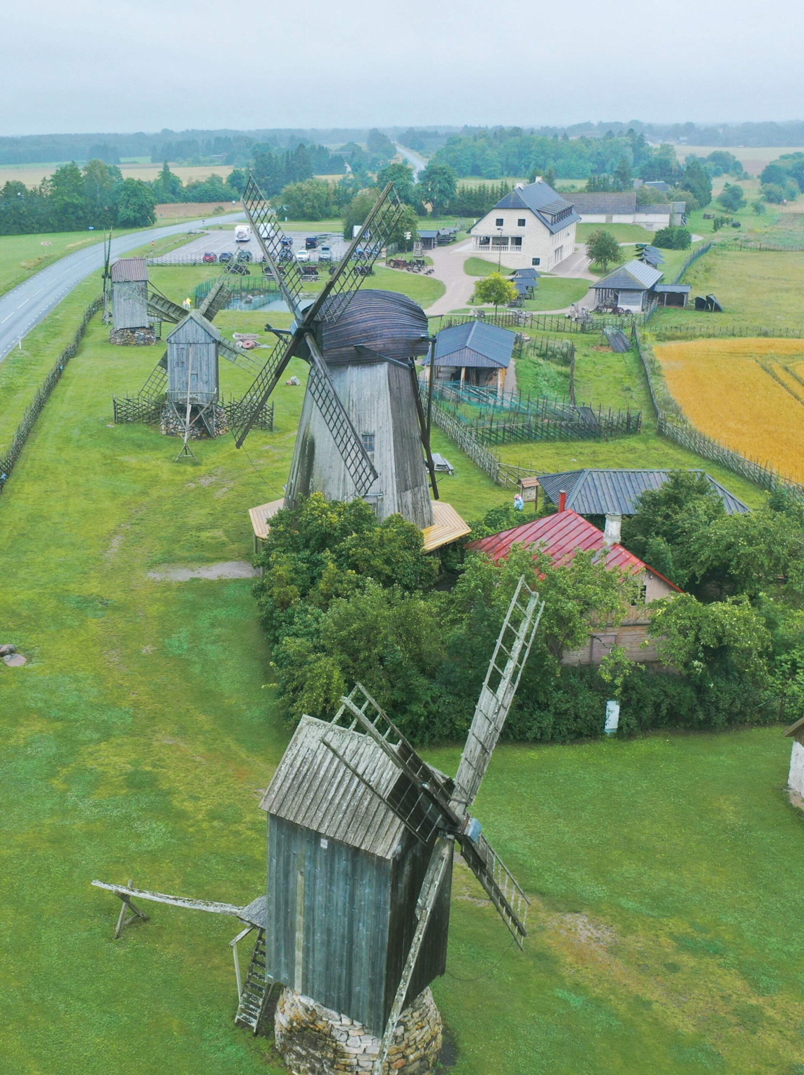 Traditional wooden windmills at Angla Windmill and Heritage Centre, Saaremaa, Estonia, showcasing rustic countryside heritage and scenic tranquility