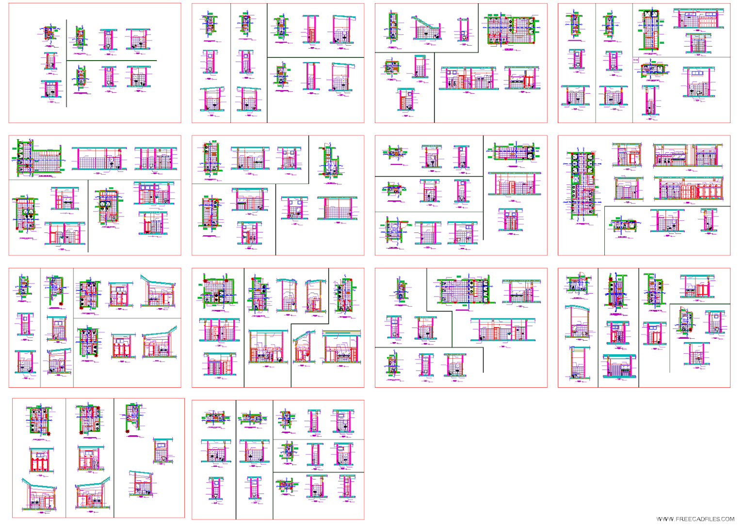 Detailed CAD drawings showing various bathroom fixture installation layouts and architectural details
